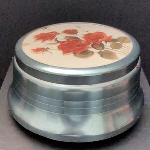 VGT,DI Alpen 1940s Musical Vanity Powder Box, Aluminum with Floral Lid.